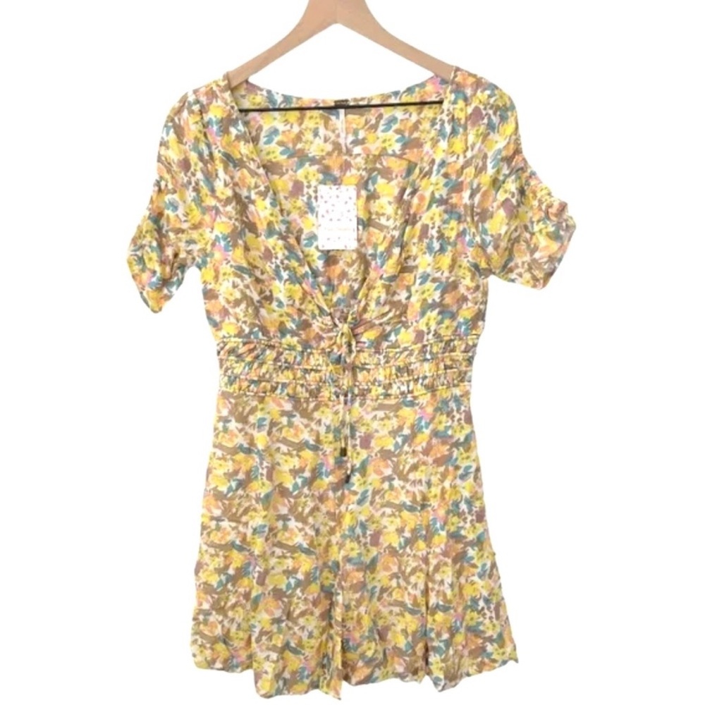 NWT Free People x Forget Me Not Mini Dress Floral Yellow Tan Boho Sun Dress New